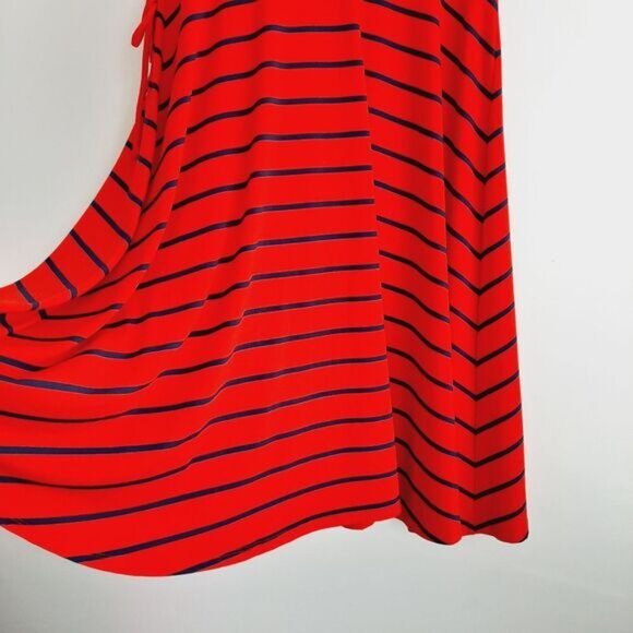 TORRID \ Faux Wrap Knee Length Midi Dress Stretch Jersey Knit Stripe Red Blue M - Picture 11 of 13